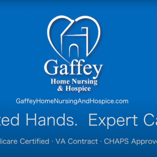 A blue background with the Gaffey logo